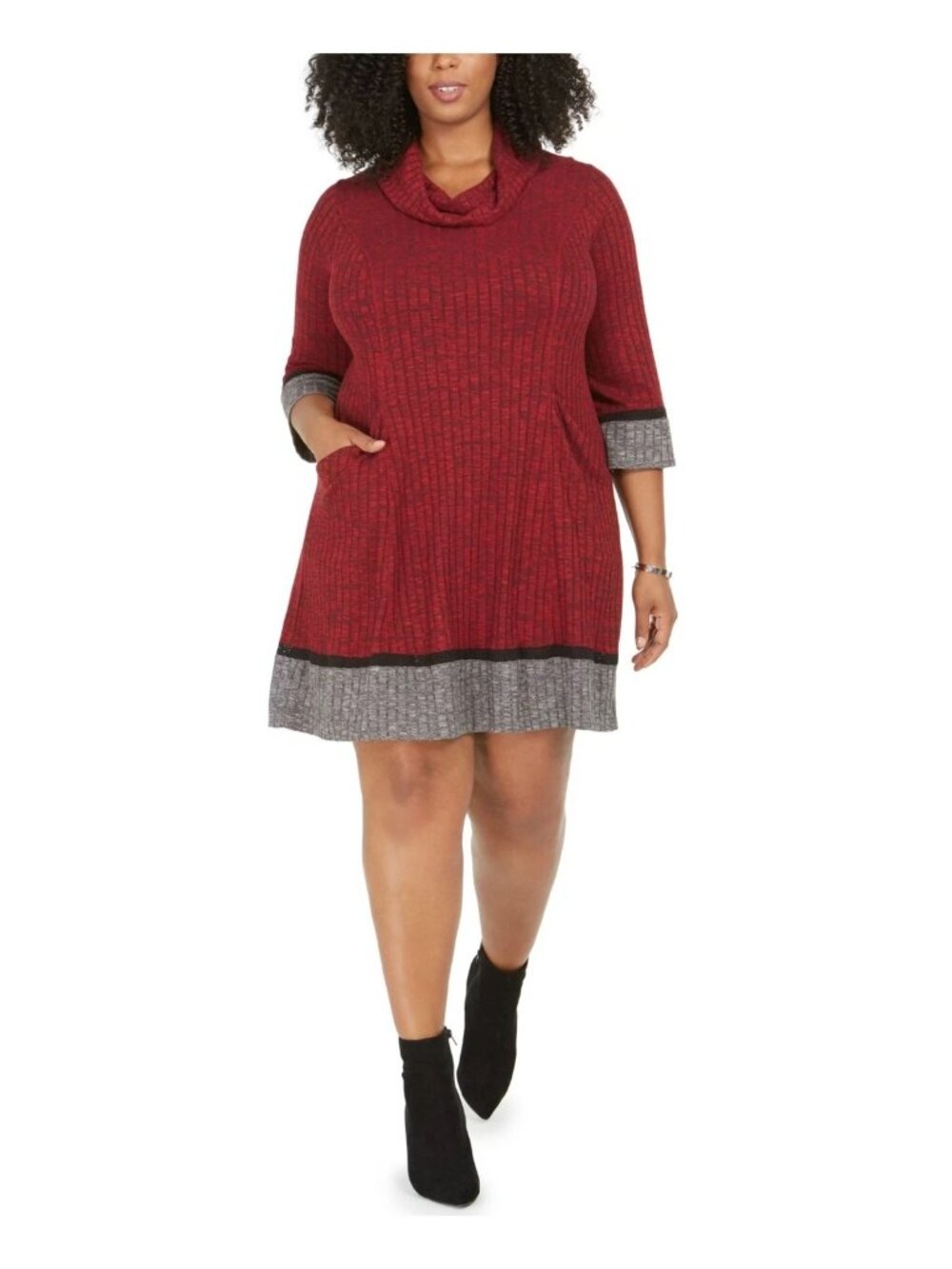 Robbie Bee Dress Womens Plus X1 Above Knee Sweater Knit 3/4 Sleeve Cowl Neck Red